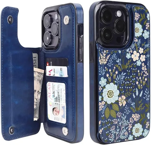 Vista 42 de uCOLOR - Funda tipo cartera para iPhone 15 con tarjetero y diseño de lunares con leche de almendra Bloqueo RFID de piel sintética para mujeres