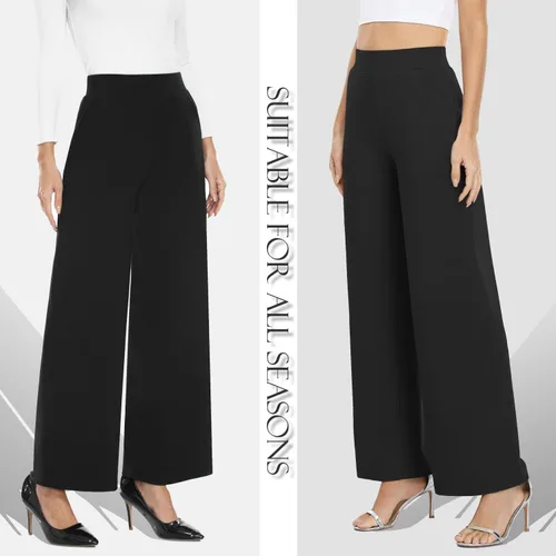 Vista 5 de MISS MOLY Pantalones palazzo de cintura alta y pierna ancha para mujer, pantalones elásticos casuales de negocios