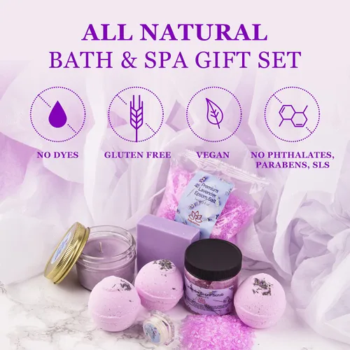 Vista 2 de Cesta de regalo para mujer, juego de regalo de lavanda orgánica, baño y cuerpo en casa, kit de spa, vela de cera de soja, sal de baño de aceite