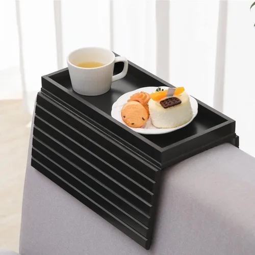 Vista 10 de GEHE Bandeja de madera de acacia para sofá, mesa auxiliar plegable para el brazo del sofá, mesa auxiliar con reposabrazos anticaídas, soporte