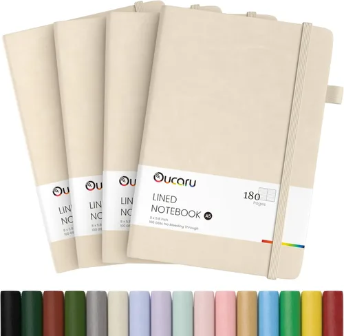 Vista 29 de Oucaru Cuaderno rayado, paquete de 4, 180 páginas, diarios A5 para escribir, papel grueso de 100 GSM, cuadernos pequeños diarios para mujeres
