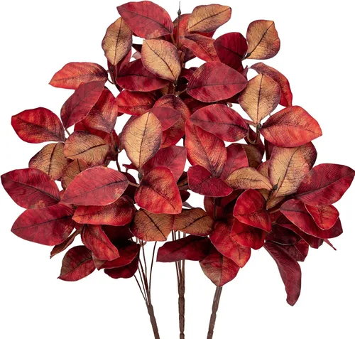 Vista 7 de Briful 3 piezas de hojas de otoño artificiales de magnolia arbustos de hojas de otoño de 15 pulgadas, color burdeos para florero, arreglo floral 3