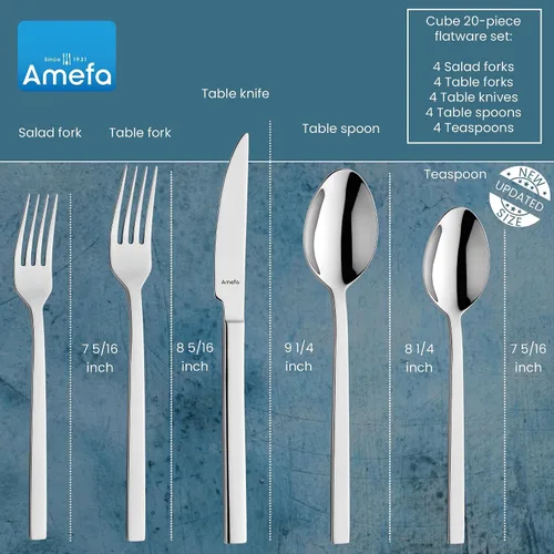 Vista 2 de Amefa Cube - Juego de cubiertos de acero inoxidable con acabado de espejo de alto brillo, asas ergonómicas, cubiertos resistentes al óxido