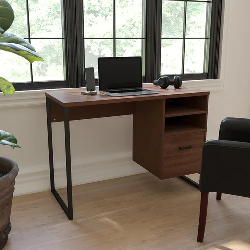 Vista 2 de Flash Furniture Northbrook - Escritorio rústico para computadora con acabado de grano de madera café con marco de metal negro
