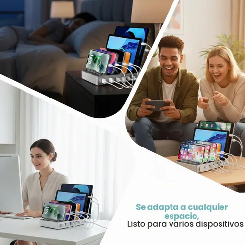 Vista 5 de Estación de carga rápida de 300 W para múltiples dispositivos, concentrador de carga USB de 6 puertos, organizador universal de cargador