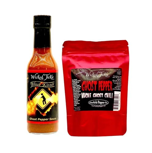 Vista 8 de Ghost Pepper Hot Sauce 7 Whole Ghost Peppers Wicked Tickle Bhut Kisser Very Hot