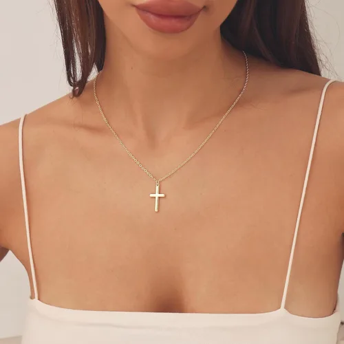 Vista 4 de HANLI Collar de cruz, chapado en oro de 14 quilates, cruz delicada con circonita cúbica