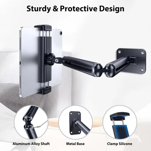 Vista 2 de CreaDream Soporte de pared para iPad, brazo de soporte ajustable y extensible de aluminio, compatible con tabletas de 4.7 a 13 pulgadas, teléfonos