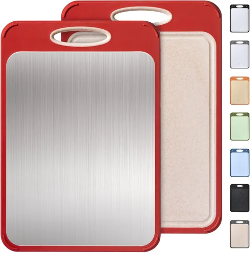 Vista 12 de Tabla de cortar de acero inoxidable 2 en 1 con mango para cortar las mejores tablas de cortar no tóxicas Tablas de cortar de 2 caras para cocina