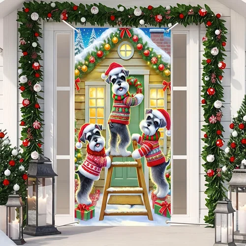 Vista 3 de Cartel de porche con decoración de cachorro de Navidad, trío festivo, Schnauzers en suéteres navideños, perfecto para interiores y exteriores