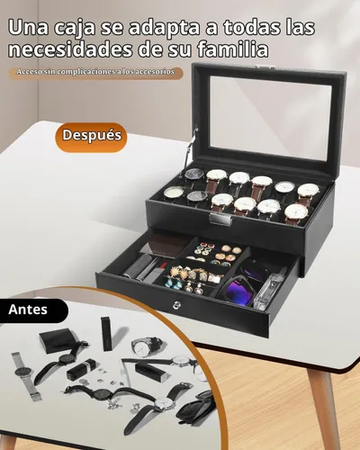Vista 3 de Uten 12-Slot Watch Box, 2-Layers PU Leather Watch Case with Lock Negro