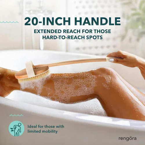 Vista 3 de Cepillo de ducha de mango largo de 20 pulgadas, cepillo de espalda de cerdas naturales, mango ergonómico + agarre antideslizante de silicona, gran