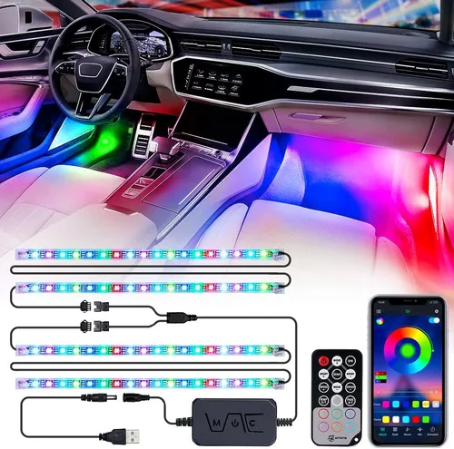 Vista 8 de Xprite Tira de luces LED Dreamcolor para interior de auto con Bluetooth, control remoto y aplicación, luces RGB de persecución para espacio