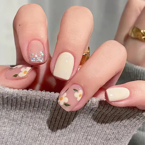 Vista 8 de Uñas postizas a presión de mariposa - Uñas falsas cortas cuadradas con diseños en relieve 3D, punta francesa blanca, acabado mate, acrílico rosa