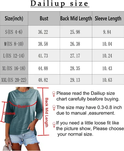 Vista 3 de Dailiup Camisetas casuales de manga 34 para mujer, holgadas, cuello redondo, lindas, blusas básicas