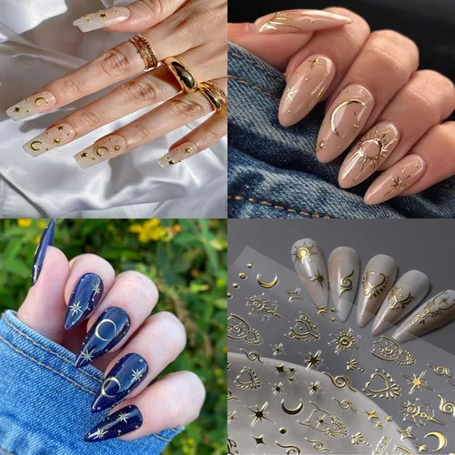 Vista 5 de Calcomanías de uñas de estrella de luna, calcomanías de arte autoadhesivas 3D, calcomanías de diseño de estrellas y sol, suministros de oro láser
