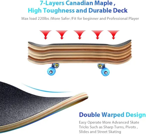 Vista 4 de PHOEROS Complete Skateboards- Standard Skateboards for Beginners Kids Boys Girls Teenager- 31''x 8''Canadian Maple Cruiser Pro Skate Board