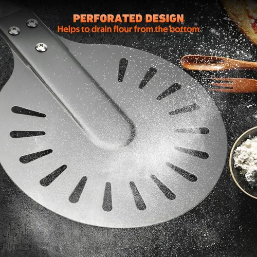 Vista 4 de Pala giratoria de pizza de aluminio perforado de 8 pulgadas con mango de madera, espátula de pizza de longitud ajustable 2 en 1, 48 pulgadas