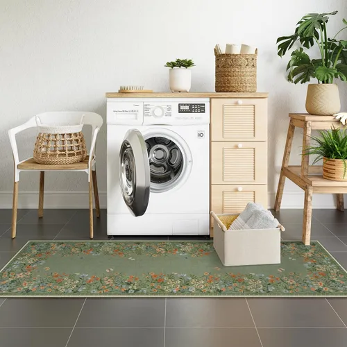 Vista 7 de Alfombras Lahome Boho Floral 2x6 para pasillos antideslizantes, alfombras de cocina verdes no deslizantes lavables, alfombra de baño de felpa