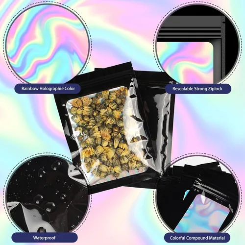Vista 3 de 120 bolsas de tereftalato de polietileno a prueba de olores, bolsa de embalaje holográfica resellable con ventana transparente para alimentos
