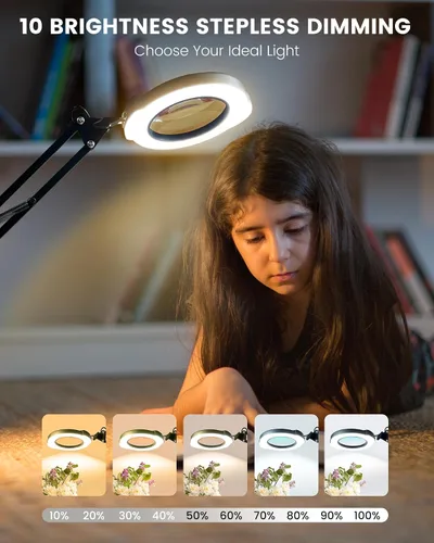 Vista 3 de TANYO 10X Magnifying Glass with Light, LED Magnifier Light with Clamp 5 Color Modes, Stepless Dimmable, Real Glass Lens, Hands Free, Close Work