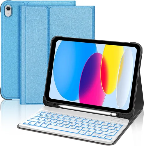 Vista 12 de KVAGO Funda para iPad (A16) de 11ª y 10ª generación con teclado, teclado desmontable inalámbrico retroiluminado de 7 colores, funda de teclado folio