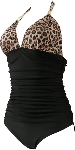 Vista 4 de RXRXCOCO - Traje de baño fruncido de una pieza, con cuello en V, para mujer, con control de abdomen y cuello halter