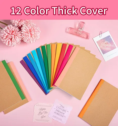 Vista 4 de ALKALO Paquete de 12 mini cuadernos forrados de bolsillo a granel, cubierta de papel kraft de 3.5 x 5.5 con espinas arcoíris