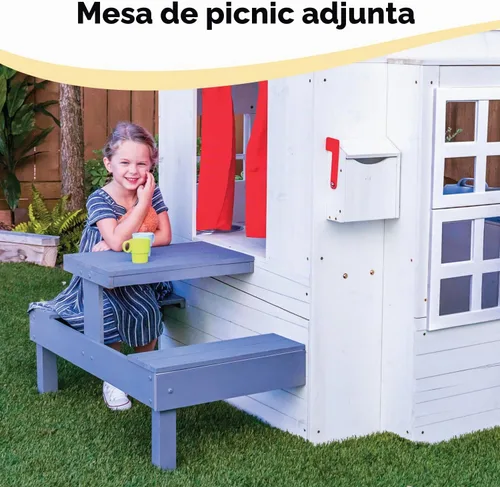 Vista 8 de KidKraft Moderna casa de juegos de madera para exteriores con mesa de picnic, buzón y parrilla al aire libre, color blanco