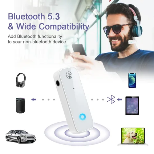 Vista 2 de Adaptador Bluetooth auxiliar para automóvil, receptor transmisor Bluetooth 5.3 2 en 1 para llamadas manos libres, cancelación de ruido Receptor