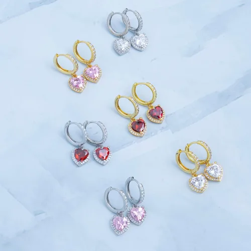 Vista 3 de Aretes colgantes de corazón para mujer, chapados en oro blanco, circonita cúbica de moda, hipoalergénicos, para el día de San Valentín