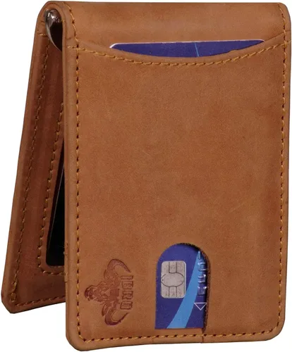 Vista 2 de IBRO Billetera delgada con bloqueo RFID para hombre con bolsillo para identificación, Marrón, Cartera Rfid