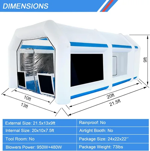 Vista 3 de Cabina de pintura inflable de 21.5 x 13 x 9 pies con sopladores de 950 W+450 W para piezas de automóviles y pintura de muebles, cabina de pintura