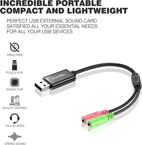 Vista 3 de DuKabel Adaptador AUX TRS USB a conector de 0.138 in para tarjeta de sonido USB integrada con enchufe separado TRS micrófonos de 3 polos