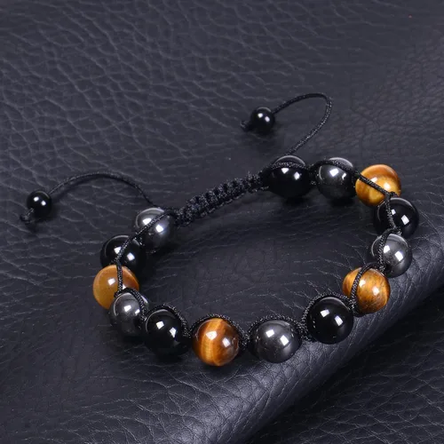 Vista 3 de DHQH Triple Protection Bracelet 8/10MM Hematite Black Agate Tigers Eye Stone Bracelet Crystal Jewelry Healing Bead Bracelets for Men Bring Luck