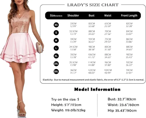 Vista 3 de Lrady - Vestido corto para mujer con lentejuelas brillantes, escote en V, con vuelo, para fiestas, club o cóctel, estilo vestido de patinadora
