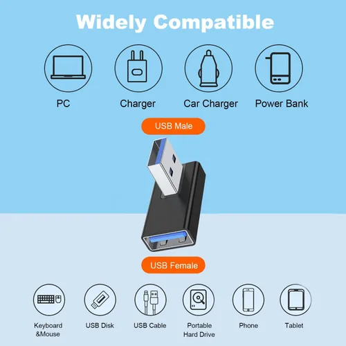 Vista 5 de AreMe Adaptador USB 3.0 de 90 grados, paquete de 2 unidades, extensor de convertidor USB A macho a hembra de ángulo recto para PC, laptop, cargador