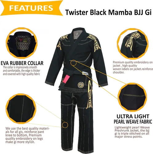 Vista 3 de Twister Black Mamba Brazilian Jiu Jitsu Gi Uniforme BJJ Preencogido Con cinturón BJJ GRATIS y bolsa Gi GRATIS