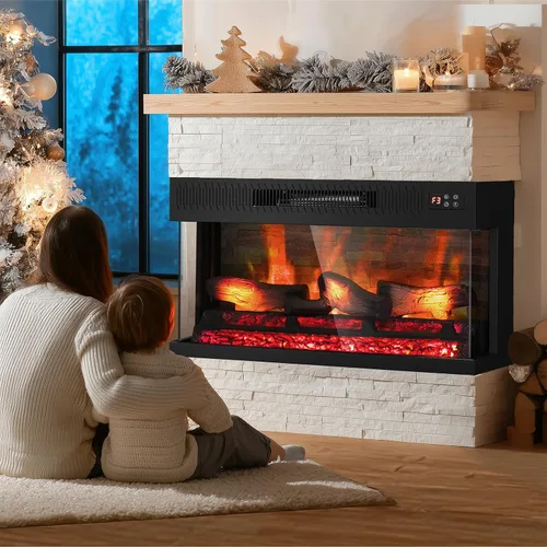 Vista 7 de Bonnlo Chimenea eléctrica de vidrio de 3 caras de 28 pulgadas de ancho con aplicación y control remoto, calentador de chimenea falso realista con 6