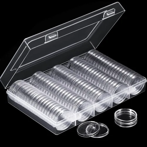 Vista 6 de Hicarer 100 cápsulas redondas de plástico transparente de 1.181 in para coleccionistas, estuche protector con caja de almacenamiento para Morgan
