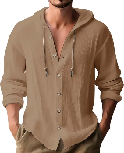 Vista 33 de Camisas de lino para hombre, casual, con botones, de verano, algodón, lino, con capucha, para playa, manga larga, con capucha