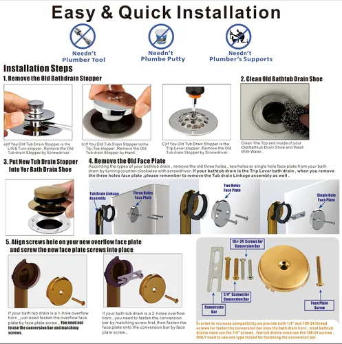 Vista 7 de Artiwell Kit universal de conversión de desagüe de bañera de punta – Kit de recambio de drenaje de bañera con placa frontal de desbordamiento de 1