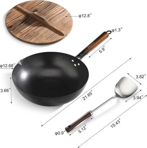 Vista 3 de New Star Foodservice 1029154 Acero al carbono martillado a mano, acero al carbono Wok antiadherente, incluye fondo redondo de 12.7 pulgadas, tapa