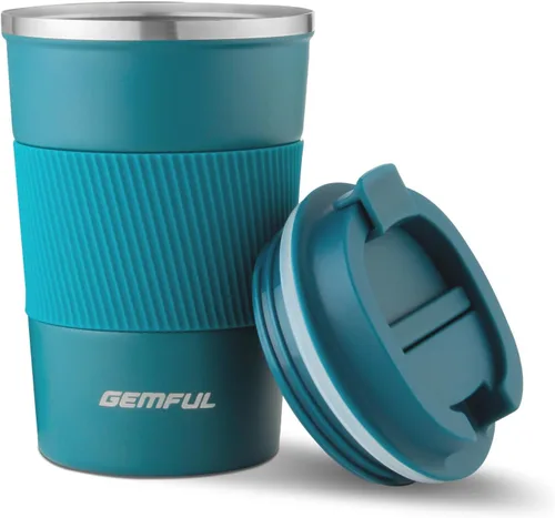 Vista 8 de GEMFUL Taza de viaje de café a prueba de fugas con tapa, 13 onzas, aislada al vacío, de acero inoxidable, vaso de café a prueba de derrames