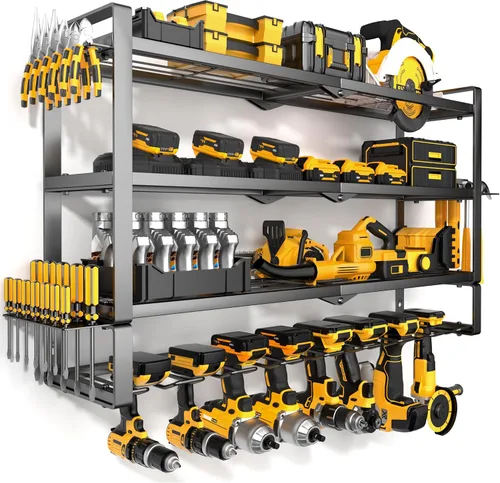 Vista 10 de MOOMSINE Organizador grande de herramientas eléctricas para montaje en pared con estación de carga para garaje, estante de almacenamiento de metal