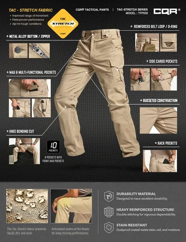 Vista 4 de CQR Men's Flex Stretch Tactical Pants, Water Resistant Ripstop Cargo Pants, Lightweight EDC Outdoor Hiking Work Pants