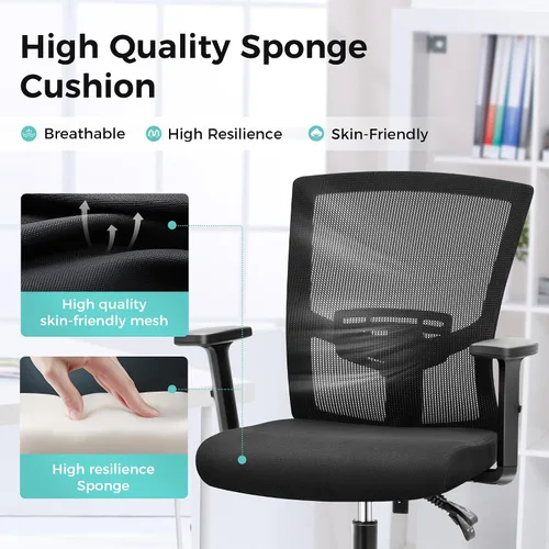 Vista 5 de ALPHA HOME Silla de oficina ergonómica, silla de computadora de malla con respaldo medio con soporte lumbar, taburete ejecutivo con reposabrazos