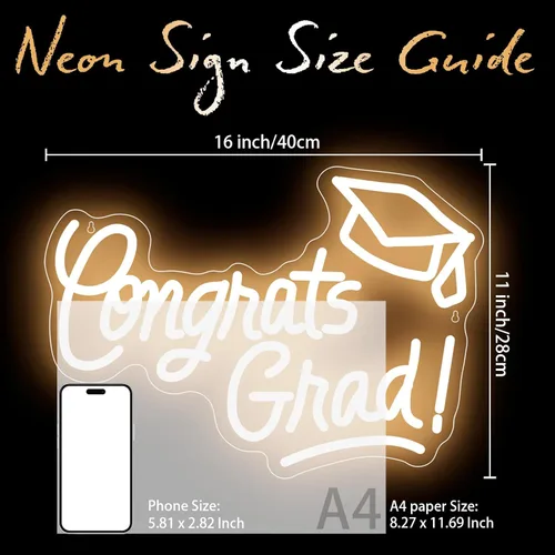 Vista 2 de Letrero de neón de Congrats Grad con tapa de graduación, 16 x 11 pulgadas, luz blanca cálida para la clase de 2026, decoraciones de fiesta
