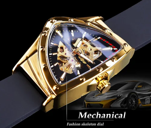 Vista 9 de FORSINING Reloj mecánico automático triangular Gold Shield, esfera de gran tamaño, diseño de esfera totalmente hueca, movimiento automático, correa