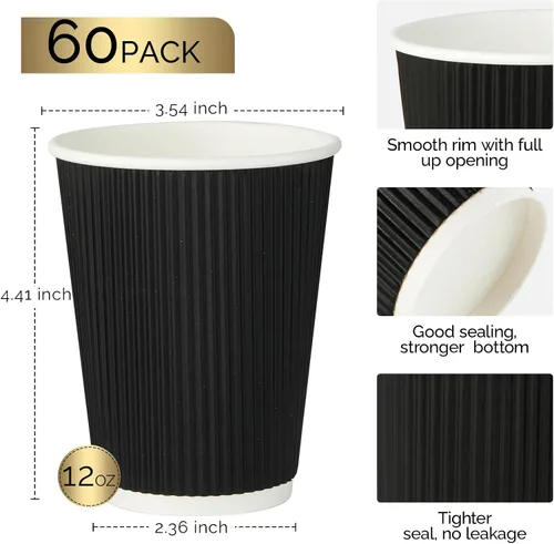 Vista 2 de JollyPack Paquete de 60 tazas de café de papel de 12 onzas, tazas desechables negras con pared ondulada aislada para café, té y chocolate caliente